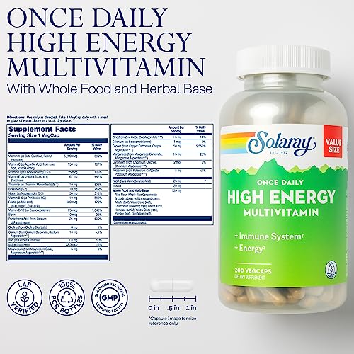 SOLARAY Once Daily High Energy Multivitamin, Immune System and Energy Support, Whole Food and Herb Base Ingredients, Men’s and Women’s Multi Vitamin, 200 Servings, 200 VegCaps