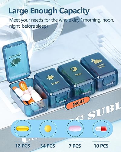 Pill Organizer 4 Times A Day, Pill Box 7 Day, Acedada Large Weekly Pill Organizer with 7 Stackable Daily Pill Case, Portable Travel Pill Container Medicine Organizer Holder for Vitamin Fish Oil, Blue