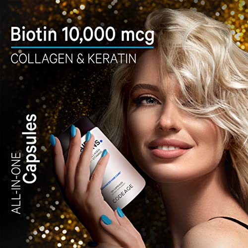 Codeage Hair Vitamins 10000 mcg Biotin, Keratin, Collagen, Vitamin A, B12, C, D3, E, Zinc, Inositol - Hair Care Support for Strength, Thickness Growth - Healthy Hair Supplement Pills - 120 Capsules