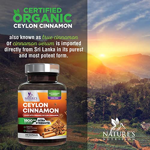 Pure Cinnamon Capsules, Certified Organic Ceylon Cinnamon Pills, Non-GMO, Gluten-Free, Dairy-Free, Sri Lanka Cinnamon Powder Supplement, Best Vegan True Cinnamomum Vitamins, Sugar Free - 240 Capsules