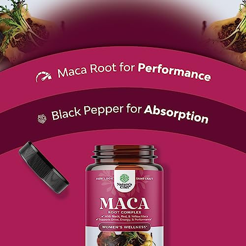 Maca Root Capsules for Women - Herbal Hormone Balance for Women with Female Enhancing Blend of Red Yellow & Black Maca Root - Invigorating Drive Mood Energy & Fertility Supplement for Women