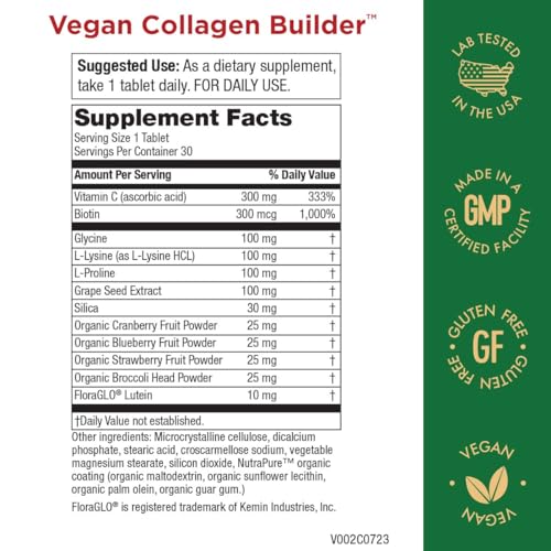 Vegan Collagen Builder - Organic Whole Foods Fruits + Veg, Silica, Lutein, Vitamin C, Biotin, Grape Seed - Amino Acids Glycine, Lysine + Proline Collagen Boosters - Once A Day - 30 Tablets