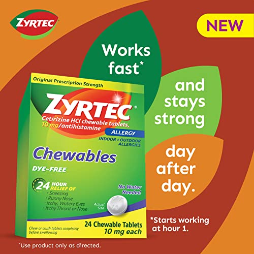 Zyrtec 24 Hour Allergy Relief Chewable Tablets, 10 mg Antihistamine Cetirizine HCl per Tablet, Medicine Relieves Hay Fever & Indoor & Outdoor Allergy Symptoms, Dye-Free, 24 Ct