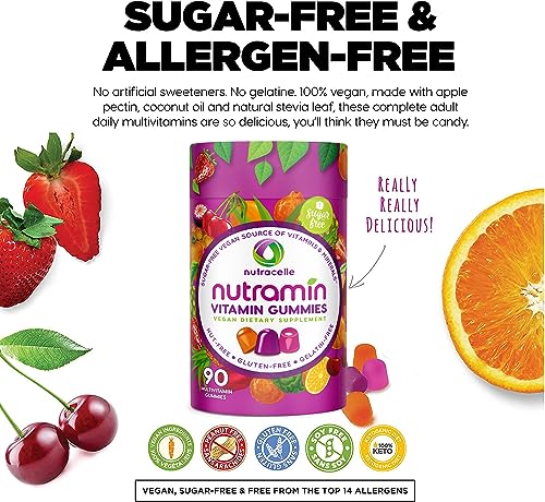 NUTRAMIN Daily Vegan Keto Multivitamin Gummies Vitamin C, D2, and Zinc for Immunity, Plant-Based, Sugar-Free, Nut-Free, Gluten-Free, with Biotin, Vitamin A, B, B6, B12 & More 90 Count, 45 Days