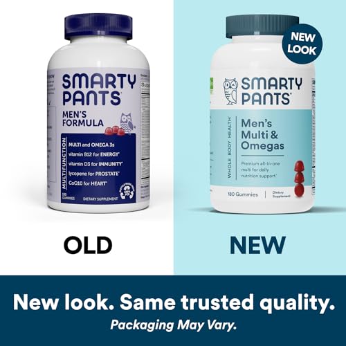 SmartyPants Men's Formula, Daily Multivitamin for Men: Vitamins C, D3, Zinc, Omega 3, CoQ10, & B12 for Immune Support, Energy, Prostate & Heart Health, Fruit Flavor, 180 Gummies (30 Day Supply)