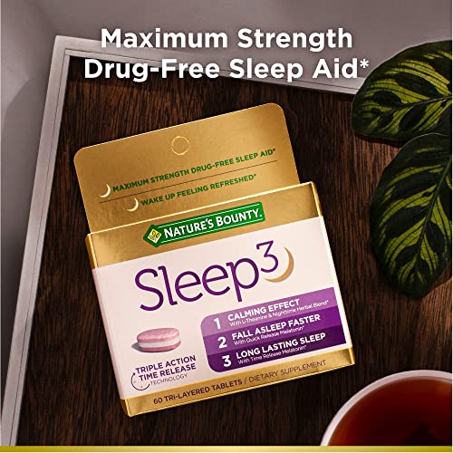 Nature's Bounty Sleep3 Melatonin 10mg, Maximum Strength 100% Drug Free Sleep Aid, Dietary Supplement, L-Theanine & Nighttime Herbal Blend Time Release Technology, 60 Tri-Layered Tablets