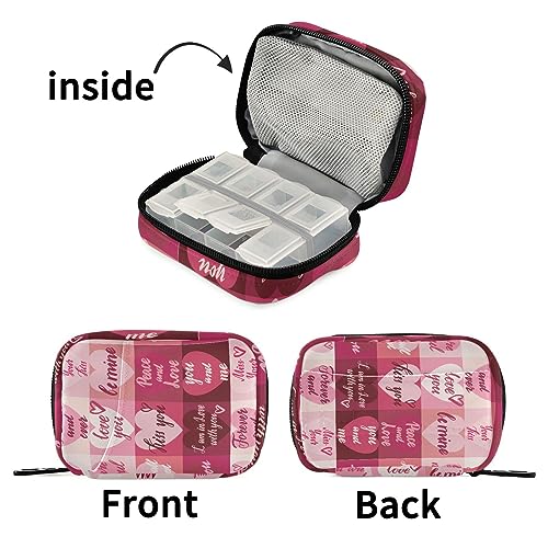 Valentines Day Hearts Travel Pill Organizer Case Weekly Portable Pill Bag Container 7 Days Pill Box Organizer for Fish Oils Vitamin Holder Supplement Travel Gifts