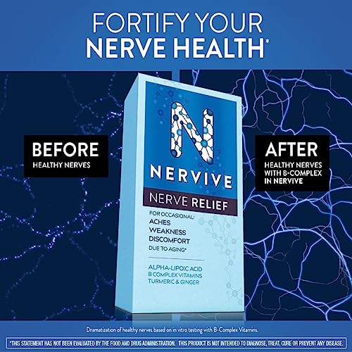 Nervive Nerve Relief, with Alpha Lipoic Acid, to Help Reduce Nerve Aches, Weakness, & Discomfort in Fingers, Hands, Toes, & Feet*, ALA, Vitamins B12, B6, & B1, Turmeric, Ginger, 30 Daily Tablets