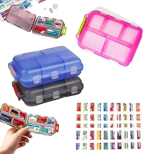 5PCS Pocket Pharmacy Travel Pill Case with Optional Medicine Stickers Labels, Pill Box Pill Organizer with Labels, Pill Container with Pill Stickers Medication Labels with 10 Compartments (5pcs/Set)