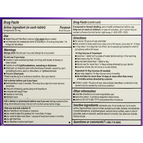 Amazon Basic Care Omeprazole Delayed Release Tablets 20 mg, Treats Frequent Heartburn, Acid Reducer, Heartburn Medicine, 42 Count (Pack of 1)