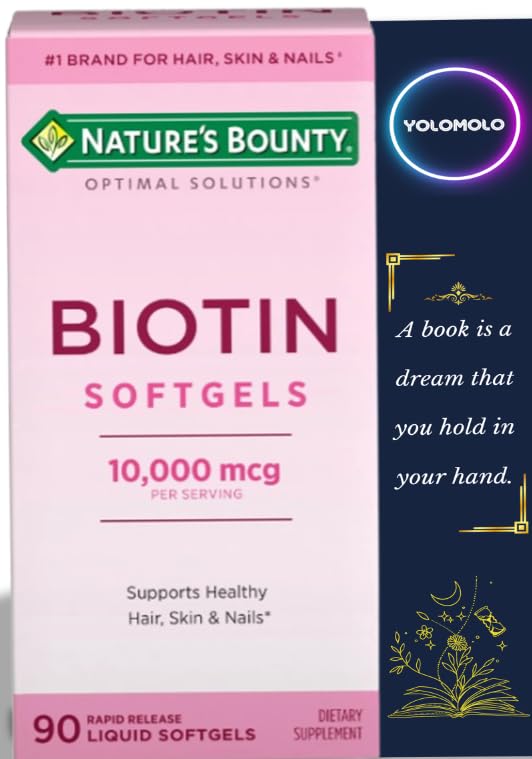 Biotin 10,000 mcg, Hair Skin and Nails, Softgels, 90 Ct,Nature's Bounty and Bookmark Gift of YOLOMOLO