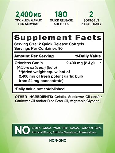 Nature's Truth Odorless Garlic Softgels | 2400mg | 180 Count | Non-GMO & Gluten Free Supplement