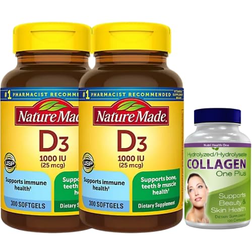 Nature Made® Vitamin D3 1000 iu (25 mcg) softgels 300 ct. Total 600 ct, Helps Support Immune Health, Bonus: (1) Collagen One Plus for Beauty and Skin Health, 30 Capsules