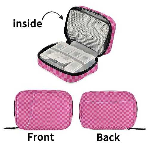 Pink Checkered Travel Pill Organizer Case 7 Day Pill Box Holder Large Daily Medicine Organizer for Vitamins Medication Fish Oil Supplements