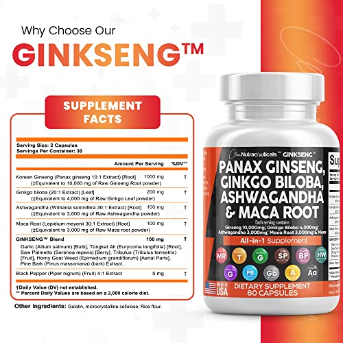 Panax Ginseng 10000mg Ginkgo Biloba 4000mg Ashwagandha Maca Root 3000mg - Focus Supplement Pills for Women and Men with Pine Bark Extract, Garlic, and Saw Palmetto - Made in USA Brain Health 60 Caps