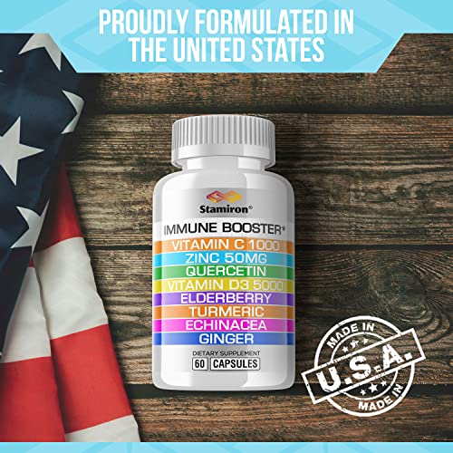 8 in 1 Immune Support with Quercetin Zinc 50mg Vitamin C 1000mg Vitamin D3 5000 IU and Elderberry Echinacea Ginger for Adults Kids - VIT D Immunity Defense Booster Supplement Veg Capsules Made in USA