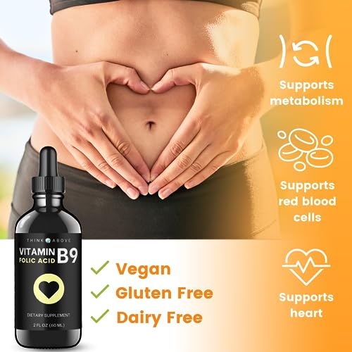 Think Above Folic Acid 295 mcg B9 Vitamin Liquid Supplement (Folate 500 mcg DFE) Easy to Swallow - Fast Absorption 2 fl oz (60 ml)