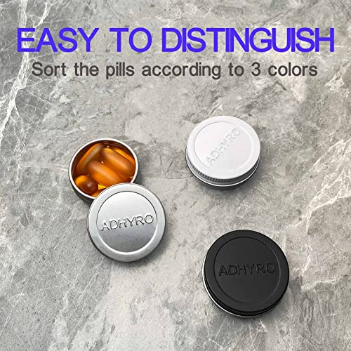 (Clear) ADHYRO Small Pill Case for Purse(3 Pack), Aluminum Portable Pill Box, Single Mini Pill Box Twist On and Off to Hold Vitamins, Fish Oils (Black Silver White)