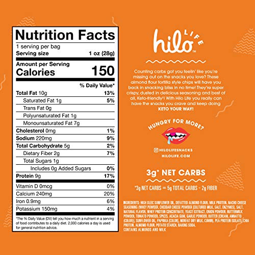 Hilo Life Low Carb Keto Friendly Tortilla Chip Snack Bags, Nacho Cheese, 12 Count, Pack 12 oz