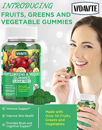 VIDAVITE Sugar-Free Fruit and Veggie Gummies — 35+ Greens, Fruit and Vegetable Vitamins to Boost Immunity, Skin & Gut Health — Ideal Fruit and Vegetable Supplement for Adults & Kids (60 Gummies)