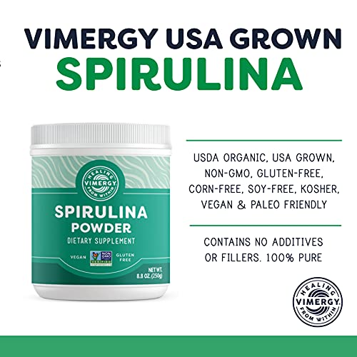 Vimergy Natural Spirulina Powder, 83 Servings – Super Greens Powder – Nutrient Dense Blue-Green Algae Superfood for Smoothies & Juices – Immune Support - Non-GMO, Gluten-Free, Vegan & Paleo (250g)