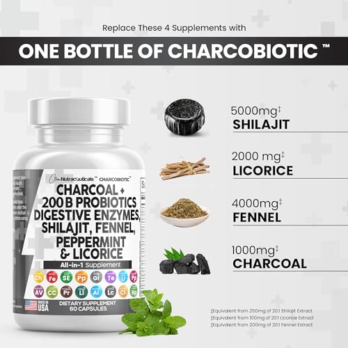 Clean Nutra Activated Charcoal Capsules 1000mg Shilajit 5000mg Pills Probiotic 200 Billion + Digestive Enzymes for Digestive Health with Peppermint Fennel Licorice Papain Ginger Turmeric | Gut Health