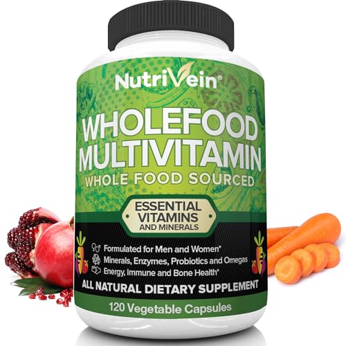 Nutrivein Whole Food Multivitamin - Complete Daily Vitamins for Men and Women from Natural Whole Foods, Real Raw Veggies, Fruits, Vitamin E, A, B Complex - 30 Day Supply (120 Capsules, Four Daily)