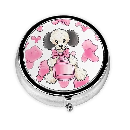 Round Pill Box Pink Perfume Bottle and Poodle Cute Small Pill Case 3 Compartment Pillbox for Purse Pocket Portable Pill Container Holder to Hold Vitamins Medication Fish Oil and Supplements