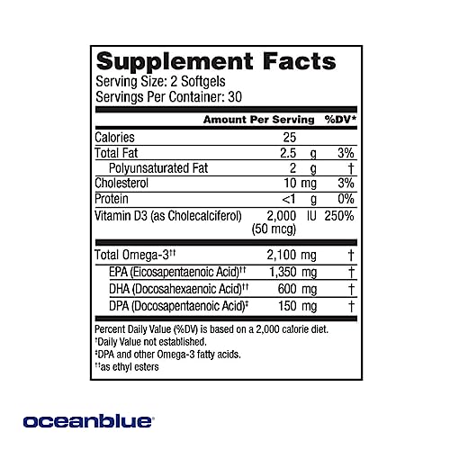 Oceanblue Professional Omega-3 2100 – 180 ct – Triple Strength Burpless Fish Oil Supplement with High-Potency EPA, DHA, DPA and Vitamin D3 – Wild-Caught – Vanilla Flavor (90 Servings)