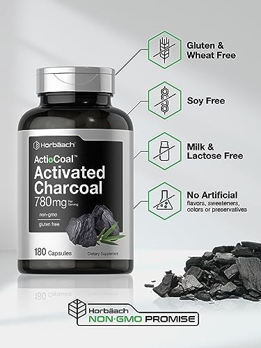 Charcoal Pills 780mg | 180 Capsules | Activated Charcoal from Coconut Shells | Non-GMO and Gluten Free | by Horbaach