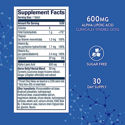 Nervive Nerve Relief, with Alpha Lipoic Acid, to Help Reduce Nerve Aches, Weakness, & Discomfort in Fingers, Hands, Toes, & Feet*, ALA, Vitamins B12, B6, & B1, Turmeric, Ginger, 30 Daily Tablets