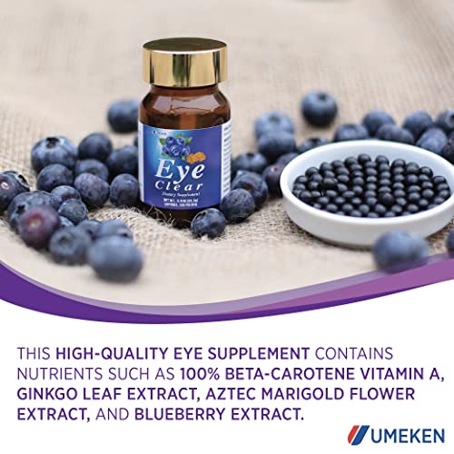 Umeken Eye Clear Dietary Supplement - Supports Eye Health, Blueberry Extract with Lutein (Marigold), Vitamins A, C, and E, 1 Bottle, 120 Tablets