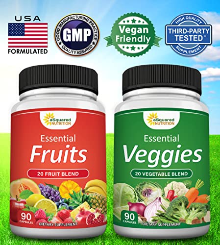 aSquared Nutrition Fruits and Veggies Supplement - 90 Veggie & 90 Fruit Capsules - Superfood Vegetable Greens Vitamins Pills - Nature's Super Food Alternative to Powder & Gummies