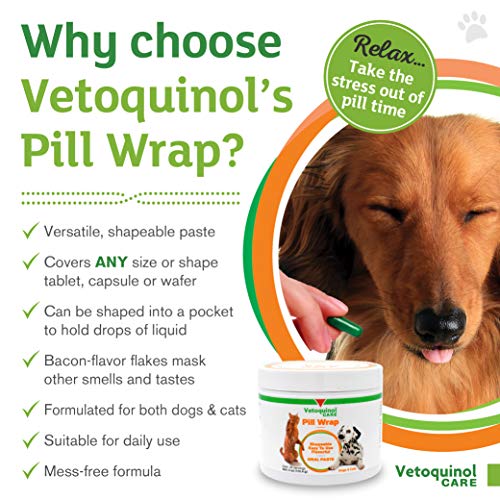 Vetoquinol Pill Wrap Treats for Dogs & Cats – 4oz, 56 servings – Hides Any Size, Shaped Pill – Moist, Flavorful & Shapeable Pill Pocket Paste – Easy-to-Swallow Masking Pill Pouch for Training & Treats