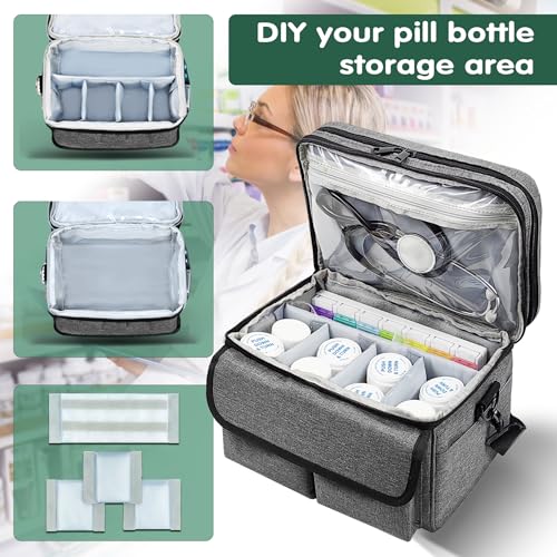 RONCHIL Medicine Storage Bag Pill Bottle Organizer with Portable Small Pouch Travel Medication Bottle Organizer for Emergency Home First Aid Box Kit Empty with Shoulder Strap Gray