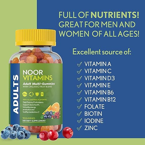 Noor Vitamins Halal Adult Multivitamin Gummy with Organic Fruit Blend for Men and Women; Non-GMO, Gluten Free, Vegan Friendly Gelatin Free Halal Vitamins - 90 Count