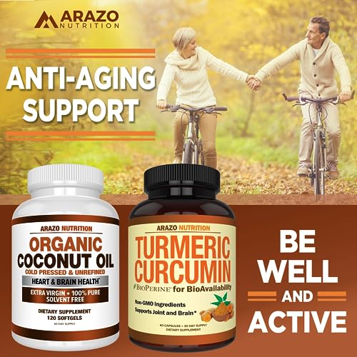 Arazo Nutrition Organic Coconut Oil 2000 MG - 100% Extra Virgin Unrefined Cold Pressed for Weight Support, Skin, Hair, Nails - 120 Softgel Capsules