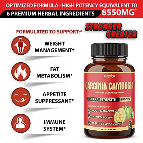 agobi Pure Garcinia Cambogia Capsules 8550mg - 6in1 with Green Tea, Arjuna, Garlic Bulb, Turmeric & Black Pepper - Weight Support Supplement - Appetite Suppressant - 90 Counts