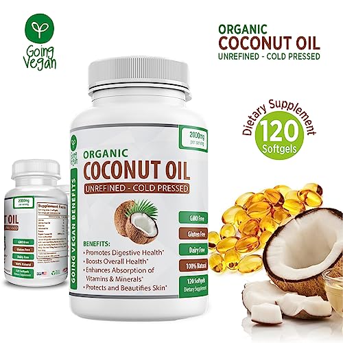 Organic Coconut Oil Capsules 2000mg - 100% Extra Virgin, Cold Pressed for Healthy Skin, Extra Hair Growth, Nail Care, Brain Booster - 120 Softgels - Unrefined Pure & Non GMO Pills - Rich in MCT