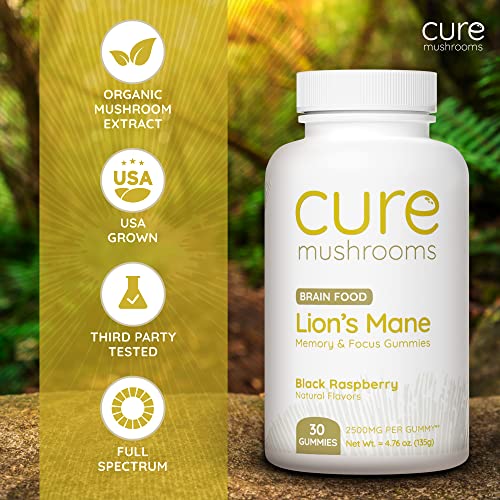 CURE MUSHROOMS Lion's Mane Gummies - Organic Mushroom Supplement - Supports Brain Function, Memory & Focus - Delicious Fruit Gummy