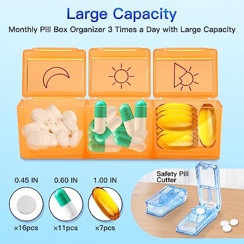 ZRFMIB Monthly Pill Organizer 3 Times a Day, 30 Day Travel Pill Box Organizer with 31 Daily Compartments and 1 Pill Cutter, Month Pill Box Organizer for Fish Oil, Vitamins, Supplements and Medications