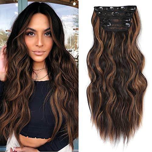 Clip in Hair Extensions 2O Inch Long Wavy Curly Hair Extensions for Thin Hair 4PCS Full Head Synthetic Hair Extension Clips(Black Brown with Highlights)