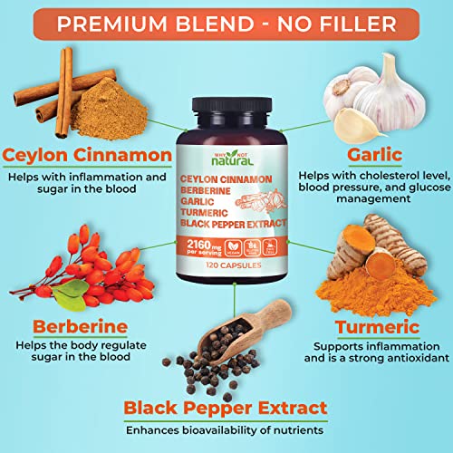 5-in-1 Organic Ceylon Cinnamon Capsules with Berberine, Garlic, Turmeric, Black Pepper Extract Pills (120 Capsules)