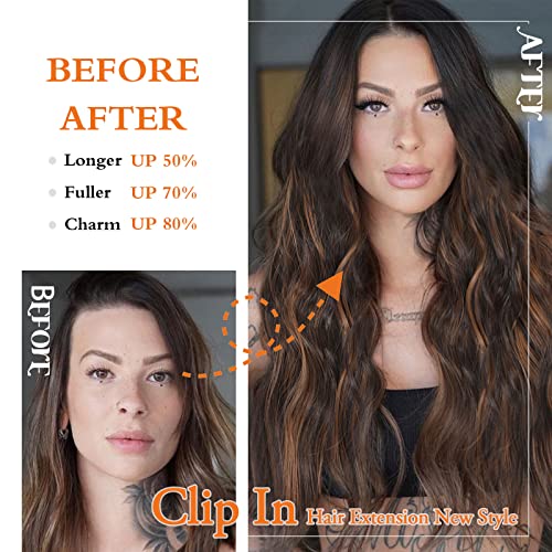 Clip in Hair Extensions 2O Inch Long Wavy Curly Hair Extensions for Thin Hair 4PCS Full Head Synthetic Hair Extension Clips(Black Brown with Highlights)