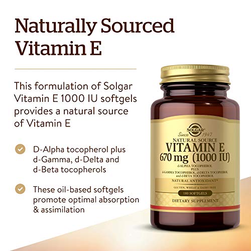 Solgar Vitamin E 670 mg (1000 IU), 100 Softgels - Natural Antioxidant, Skin & Immune System Support - Naturally-Sourced Vitamin E - Gluten Free, Dairy Free - 180 Servings