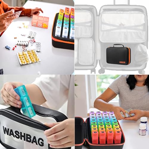 Monthly Pill Organizer 4 Times a Day with 1Pill Cutter&1 Strap&32 Day Sticker&4 Week Sticker&31 Daily Compartments,Pill Organizer Monthly 4 Times a Day Larger Design,Comfortable Handle,BPA-Free.