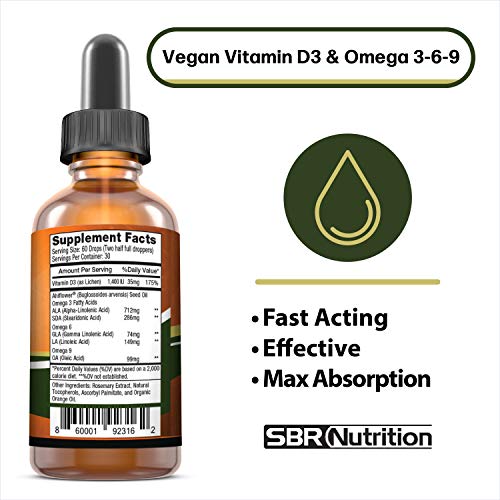 SBR Nutrition Plant-Based Vitamin D3 and Omega 3-6-9 Liquid Dietary Supplement with Ahiflower Oil, Bone, Immune, Inflammation Support, Natural Orange Citrus Flavor, 2oz (60mL), 30 Servings