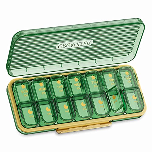 OFIDUS 14 Cells 2 Times a Day Pill Organizer - Moistureproof Daily Cute Pill Box, Removable Separate Cell 14 Days Pill Case Suitable for Women Men Travel Jewelry & Everyday(Green)