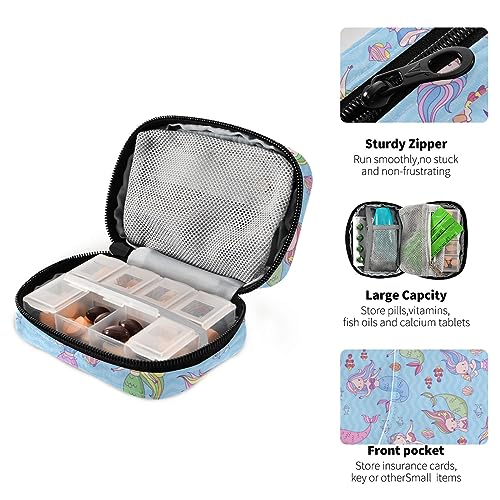 Mermaid Travel Pill Organizer Case Weekly Portable Pill Bag Container 7 Days Pill Box Organizer for Fish Oils Vitamin Holder Supplement Travel Gifts