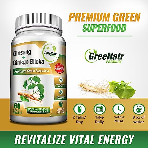 GreeNatr Premium Supplement - Energy and Brain Focus Natural Booster for Men & Women - Best Supplements Blend of Korean Red Ginseng Root and Ginkgo Biloba - 60 Veggie Pills